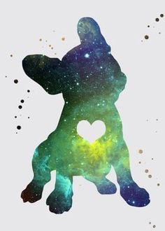 the silhouette of a dog with a heart in its paws, against a background of stars