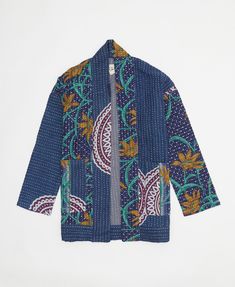 dark blue & teal floral open front quilted jacket made from upcycled saris by artisans in India Patterned Patchwork Outerwear For Fall, Blue Patchwork Blazer For Fall, Fall Patchwork Blue Blazer, Fall Blue Patchwork Blazer, Fall Blue Blazer With Patchwork, Indigo Long Sleeve Blazer For Fall, Blue Floral Print Kimono For Fall, Blue Cotton Floral Print Outerwear, Blue Floral Print Cotton Outerwear