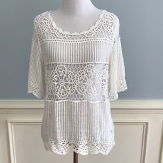 Beautiful White Crochet Tee By James Coviello For Anthropologie. 100% Cotton. No Trades, No Holds. Smoke Free Home. Summer Cream Crochet Top For Layering, Spring Crochet Crew Neck Top For Layering, Cream Crew Neck Top For Vacation, Beach Crew Neck Pointelle Knit Tops, Spring Crochet Trim Crew Neck Knit Top, Bohemian Pointelle Knit Crochet Top For Layering, Spring Knit Top With Crochet Trim Crew Neck, Crew Neck Knit Top With Crochet Lace, Spring Crochet Trim Knit Top With Crew Neck