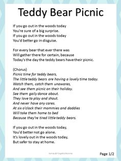 a poem with the words teddy bear picnic written in black and white on blue chevron background