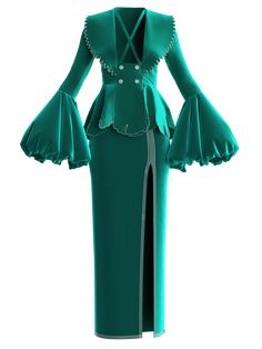 The emerald velvet, decorated with Bejeweled Buttons and metallic yarn contouring has given opulent feel and digital aura to this silhouette. THIS IS A DIGITAL ITEM, IT ONLY EXISTS DIGITALLY AND WILL BE APPLIED TO YOUR PHOTO(s). Color: emerald. Material: digital velvet. Digital clothes fit all sizes. About the brand: PRIMOKNOT collection for DRESSX is an expressive and optimistic direction that treads the line between digital influences and physical realities. It is hyper real interpretation of Embellished Fitted Sets For Gala, Party Velvet Embellished Sets, Embellished Velvet Party Sets, Green Embellished Party Sets, Green Fitted Elegant Sets, Elegant Long Sleeve Sets For Costume Party, Elegant Embellished Sets For Gala, Elegant Velvet Set For Formal Occasions, Fitted Velvet Party Sets