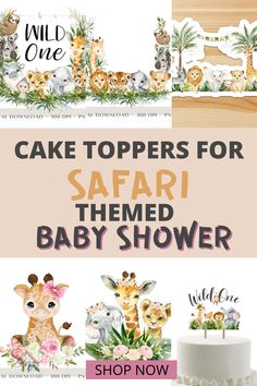 a cake topper with giraffes on it and the words safari themed birthday