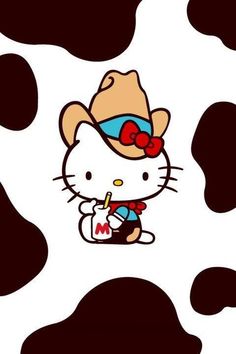 a hello kitty cow print with a cowboy hat on it's head and a drink in its hand