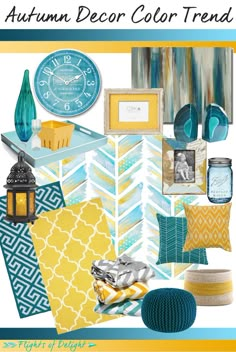 an assortment of blue, yellow and white items with the words autumn decor color trend