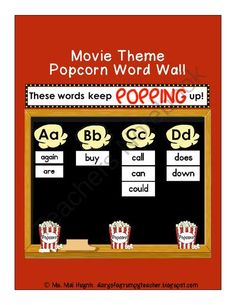 the movie theme popcorn word wall is shown in red and black with white letters on it