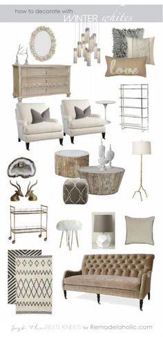 a collage of furniture and decor items with text that reads how to decorate with winter whites