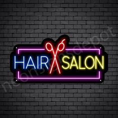 a neon sign that says hair salon with scissors on the front and below it is a brick wall