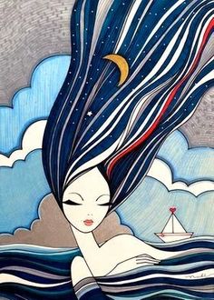 a painting of a woman floating in the ocean with her hair blowing in the wind