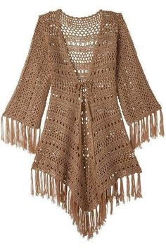 a crocheted sweater with tassels on the shoulders and an open front