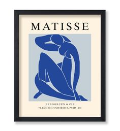 a blue and white poster with the words matissee in black lettering on it