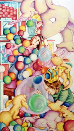 a painting of children playing with toys in a room filled with balloons and other items