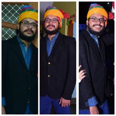 three different pictures of men wearing hats and jackets