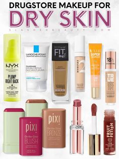 Try this drugstore makeup for dry skin this fall and winter for comfortable and smooth wear! | Slashed Beauty Makeup Products For Dry Skin Faces, Best Drugstore Makeup For Dry Skin, Makeup On Dry Skin, Drugstore Makeup For Dry Skin, Drugstore Skincare Routine For Dry Skin, Best Makeup For Dry Skin, Best Drugstore Makeup 2024, Makeup For Dry Skin Tips