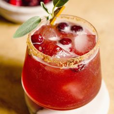 a red drink in a glass with ice and garnish