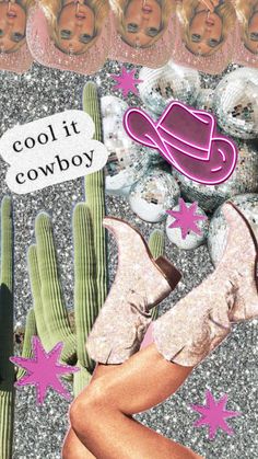 a collage of photos with cactus, cowboy boots and hats on top of them