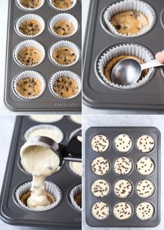 the process of making chocolate chip cupcakes in muffin tins