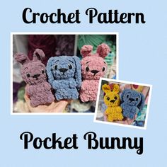 three crocheted stuffed animals are shown in front of a blue background with the words pocket bunny on it