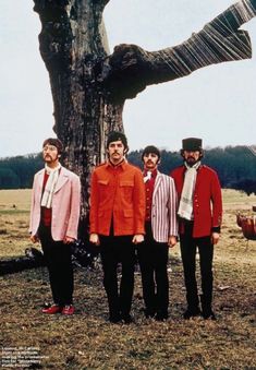 four men standing next to each other in front of a tree with a bird on it