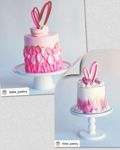 two cakes decorated with pink and white icing on top of each other in different designs