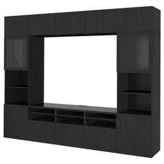 a black entertainment center with shelves and a white screen on the back wall, in front of a white background