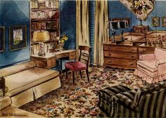 a watercolor painting of a living room with furniture