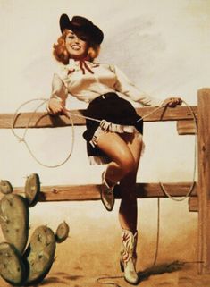 a painting of a woman in cowboy attire leaning on a fence