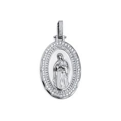 This Solid 925 Sterling Silver Virgin Mary Pendant Oval Amulet Iced Necklace Catholic is a beautifully crafted piece of jewelry that is perfect for anyone who wants to showcase their faith in style. Made from high-quality 925 sterling silver, this pendant features an intricately designed Virgin Mary image that is sure to catch the eye. Available in 3 size: 1.2inch (30mm) - weight 6.5 g 1.8inch (45mm) - weight 16 g 2.5inch (65mm) - weight 31.5 g Pendant Only! No chain included. Material: Solid 92 Engraved White Gold Spiritual Jewelry And Charms, Engraved White Gold Jewelry For Commemoration, Sterling Silver Spiritual Jewelry For Memorial, White Gold Polished Spiritual Jewelry And Charms, White Gold Miraculous Medal Jewelry In Sterling Silver, Silver Round Pendant For Memorial, Sterling Silver Round Pendant For Anniversary, White Gold Engraved Round Pendant, Silver Round Pendant For Anniversary