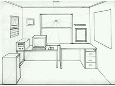 a drawing of a room with desk and computer