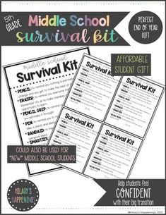 the middle school survival kit is shown in black and white, with text on it