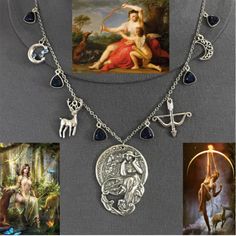 In Ancient Greek Mythology, Artemis Was The Goddess Of The Moon And The Hunt. She Was Frequently Depicted Hunting With A Bow And Arrow, Wearing A Short Tunic To Aid In Chasing Prey Through The Woods. Celebrate The Goddess Artemis (Diana In Roman Mythology), With This Unique Handmade Necklace Featuring Symbols From The Myths Of Artemis. This Unisex Necklace Features At Its Center A Silver Art Nouveau Style Pendant Of A Goddess In Front Of A Moon And Woods. To Its Left Is A Deer Charm, And A Cresc Greek Mythology Artemis, Goddess Of Moon, Goddess Artemis, Artemis Goddess, Ancient Greek Mythology, Goddess Of The Moon, Sand Dollar Necklace, Hand Beaded Necklace, Keshi Pearl Necklace