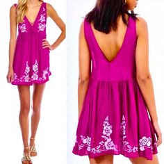 Stunning Free People Slip Dress Embroidered With Delicate Pale Lavender Flowers On A Gorgeous Magenta Background, A Knockout As A Summer Dress Or Long Tunic Over Skinny Jeans & Leggings. Flirty & Feminine Babydoll Silhouette, Loose Fit & Super Comfortable. Featuring A Deep V-Neckline In Front & Back, Adjustable Lace-Up Bodice, Empire Waist & Dropped Armholes Perfect For Layering Over A Tee. Beautiful With A Lace Bralette Or Bandeau. Approx. Bust 18”, Length 34”. Nwt Summer Embroidered Mini Dress, Floral Embroidered Dress For Beach, V-neck Embroidered Dress For Brunch, Embroidered Sundress For Beach, Summer V-neck Embroidered Dress For Brunch, Beach Embroidered Dress With Embroidered Hem, Floral Embroidered V-neck Dress For Beach, Fitted V-neck Embroidered Beach Dress, V-neck Embroidered Dress For Beach With Embroidered Hem