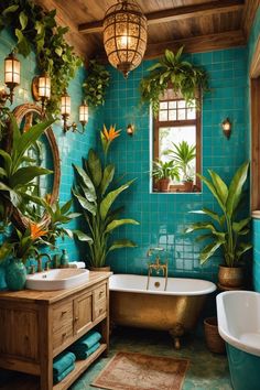 a bath room with a tub a sink and some plants