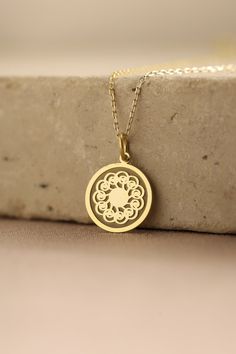 Gold Sun Pendant - Sun Gold Necklace ● Material of pendant: Solid Gold 14k ( REAL GOLD ) ● Metal Stamp: 14k ( REAL GOLD ) ● The pendant is available in 5 sizes: - 12,7 mm / 0.5 inches (Diameter) - 14,0 mm / 0,55 inches ( Diameter ) In the photos - 15,3 mm / 0.6 inches ( Diameter ) - 16,5 mm / 0,65 inches ( Diameter ) - 19,1 mm / 0,75 inches ( Diameter ) ( In the photos the size is 14mm / 0.55 inches Diameter ) ( Jump Ring inner diameter: 4 mm ) ● Material of chain: Solid gold 14k ( REAL GOLD ) I 14k Gold Round Pendant Necklace Gift, Handmade Yellow Gold Charm Necklace With Round Pendant, Handmade Yellow Gold Round Pendant Charm Necklace, Gold Plated Filigree Jewelry As Gift, Handmade 14k Yellow Gold Necklace, Yellow Gold Pendant Necklace As Gift For Her, Yellow Gold Pendant Necklace For Her, Spiritual Yellow Gold Necklace As Gift For Her, Handmade 14k Yellow Gold Charm Necklace