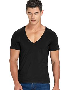 Stretch Deep V Neck T Shirt for Men Low Cut Vneck Vee Top Tees Slim Fit Short Sleeve Fashion Male Tshirt Invisible Undershirt Black-S Male Tshirt, Sport Jacket Men, Stand Collar Jackets, Fashion Male, Slim Sweater, Knit Men, Sleeve Fashion, Hooded Shirt, Slim Fit Shorts