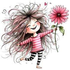 a girl with long hair holding a pink flower