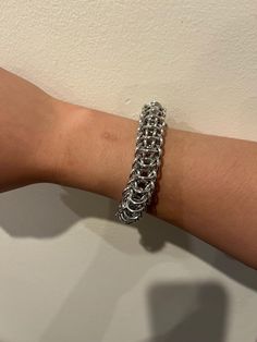 Aluminum braclet made from different chainmail weaves. Prices vary depending on difficulty/time consumption of the weave. Chainmail Weaves, Chain Mail, Chain Link Bracelet, Link Bracelets, Chain Link, Beauty Book, Jewelry Bracelets, Weaving, Accessory Gift