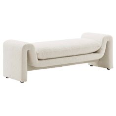 an upholstered white bench with black legs and footrests, on a white background