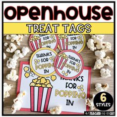 an open house treat tag with popcorn on it