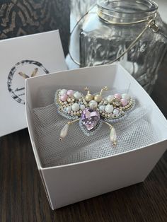 Embroided brooch from beads, crystals and pearls , sewed by hand Butterfly Brooch, Hand Sewing, Sewing, Beads, Crystals