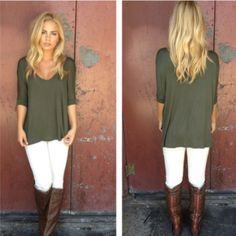 Outfit With Brown Boots, Olive Green Top, Green Outfit, Green Top, Basic Tee, Work Outfits, Fall Winter Outfits, Outfits Casuales, Fall Trends