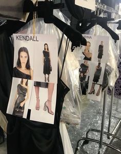 several pictures of women's dresses hanging on clothes racks