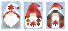 three christmas gnomes cross stitched together in squares, each with an individual's face