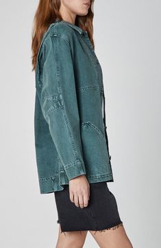 A boxy fit and a plethora of patch pockets lend workwear-inspired style to this denim jacket cast in a unique green wash. 29 1/2" length Front button closure Spread collar Front patch pockets 100% cotton Hand wash, line dry Imported Washed Medium Wash Utility Jacket, Denim Utility Jacket Washed, Denim Utility Jacket Washed Style, Everyday Washed Utility Jacket, Everyday Utility Denim Jacket With Patch Pockets, Relaxed Fit Medium Wash Utility Jacket, Washed Utility Jacket For Workwear, Utility Denim Jacket With Patch Pockets For Everyday, Everyday Washed Utility Denim Jacket