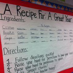 a recipe for a great year written on a bulletin board in an english language classroom