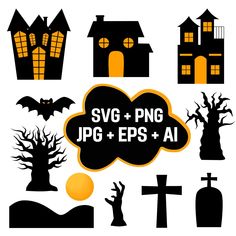 halloween svg and png clipart set with tombstones, trees, bats, graveyard