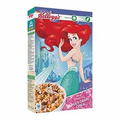 the cereal box is filled with cereal and has an image of ariel from the little mermaid