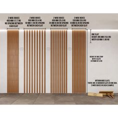 the wall is covered in brown and white vertical striped wood slats, along with instructions on how to use them