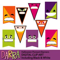 halloween paper banners with monster heads and teeth on them for digital clip art including black & white