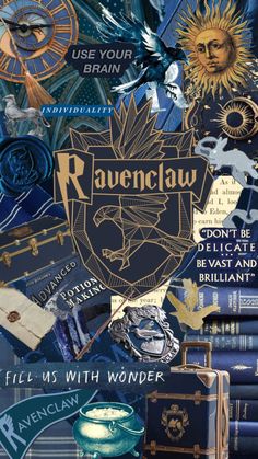 a collage of various items including books and other things in blue, gold and black