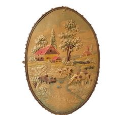 an oval painting with farm animals in the background